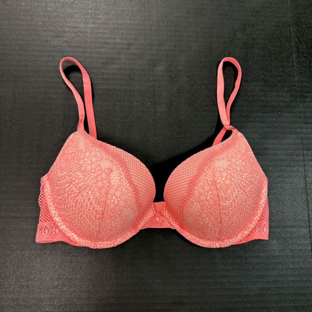 Victoria Secret Very Sexy Lace Fishnet Pushup Bra 32 D Pink Underwire Padded Cup